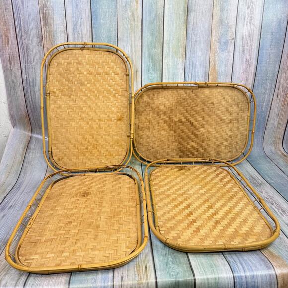 MCM Wicker Rattan Bamboo Serving Tray Set of 4 Tiki Tropical Beach Lap Vintage - Picture 1 of 8